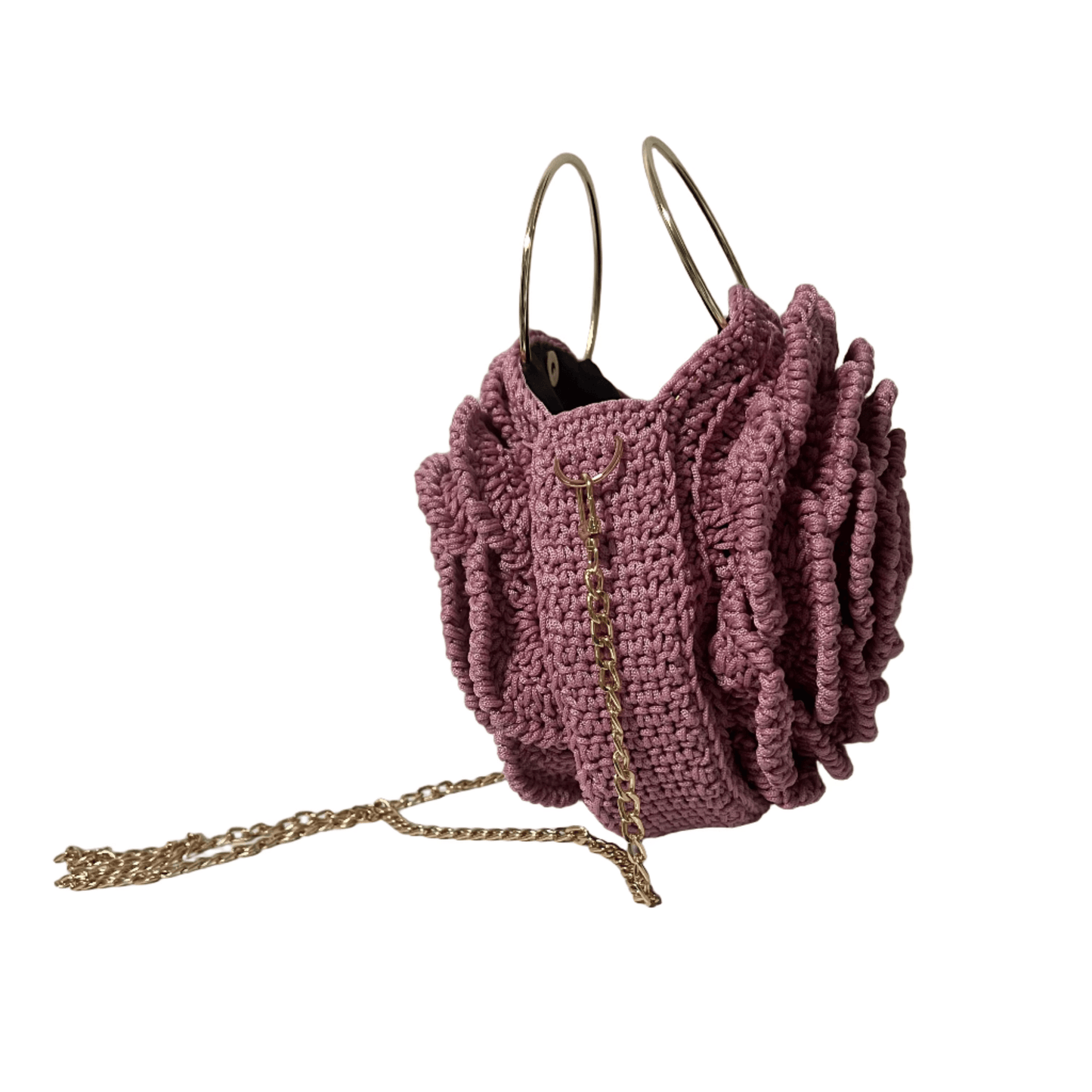 African Handmade Sling Flower Purse in pink with ruffled design and gold chain strap