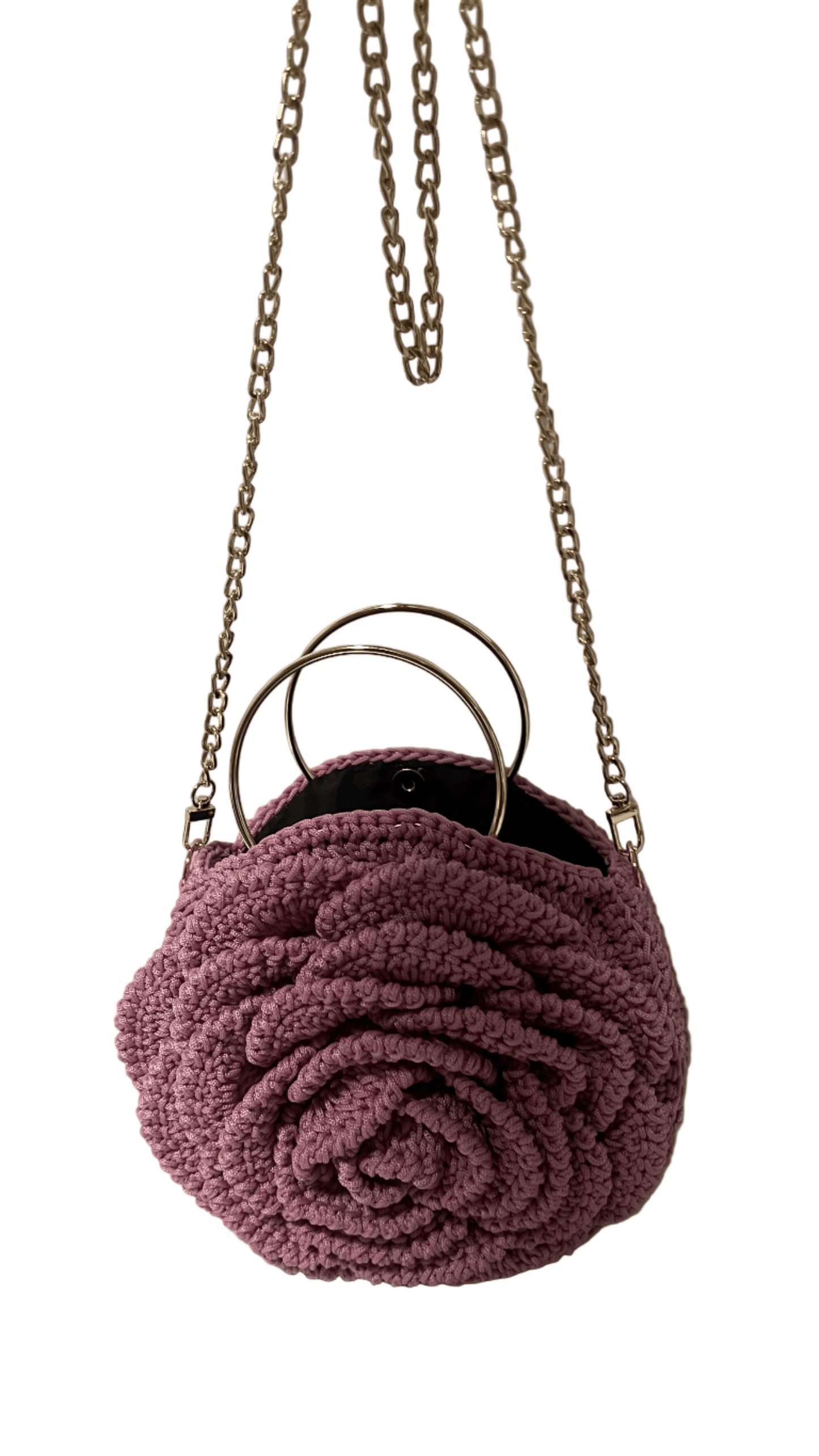 Pink African Handmade Flower Purse by ThreadsByHannah round crocheted rose handbag with gold chain strap