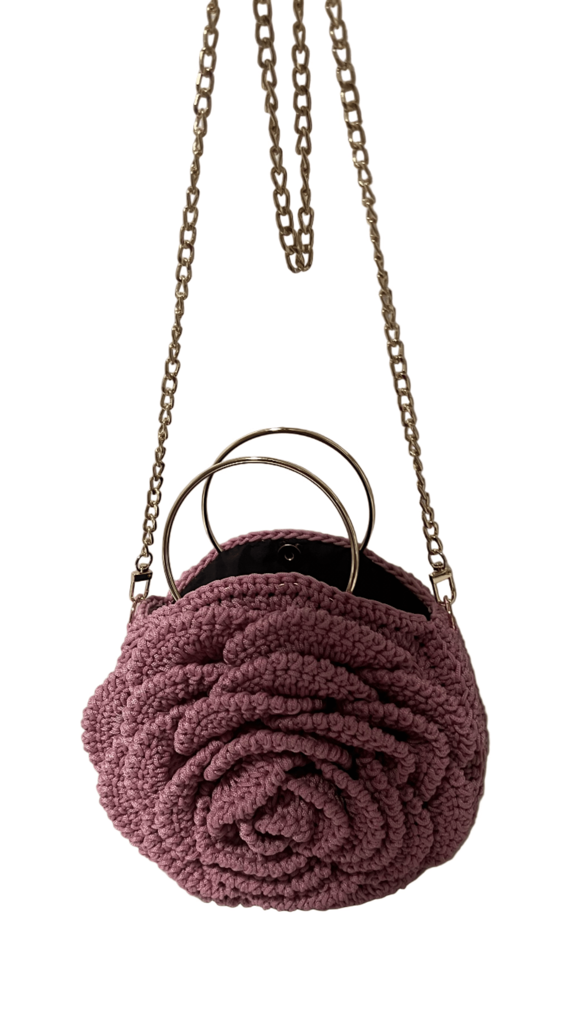 Pink African Handmade Flower Purse by ThreadsByHannah round crocheted rose handbag with gold chain strap
