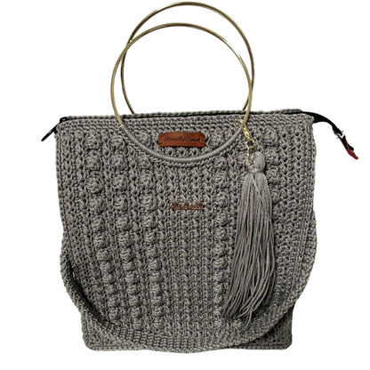 African handmade Trapezoid handbag in gray with stylish tassel and gold handles