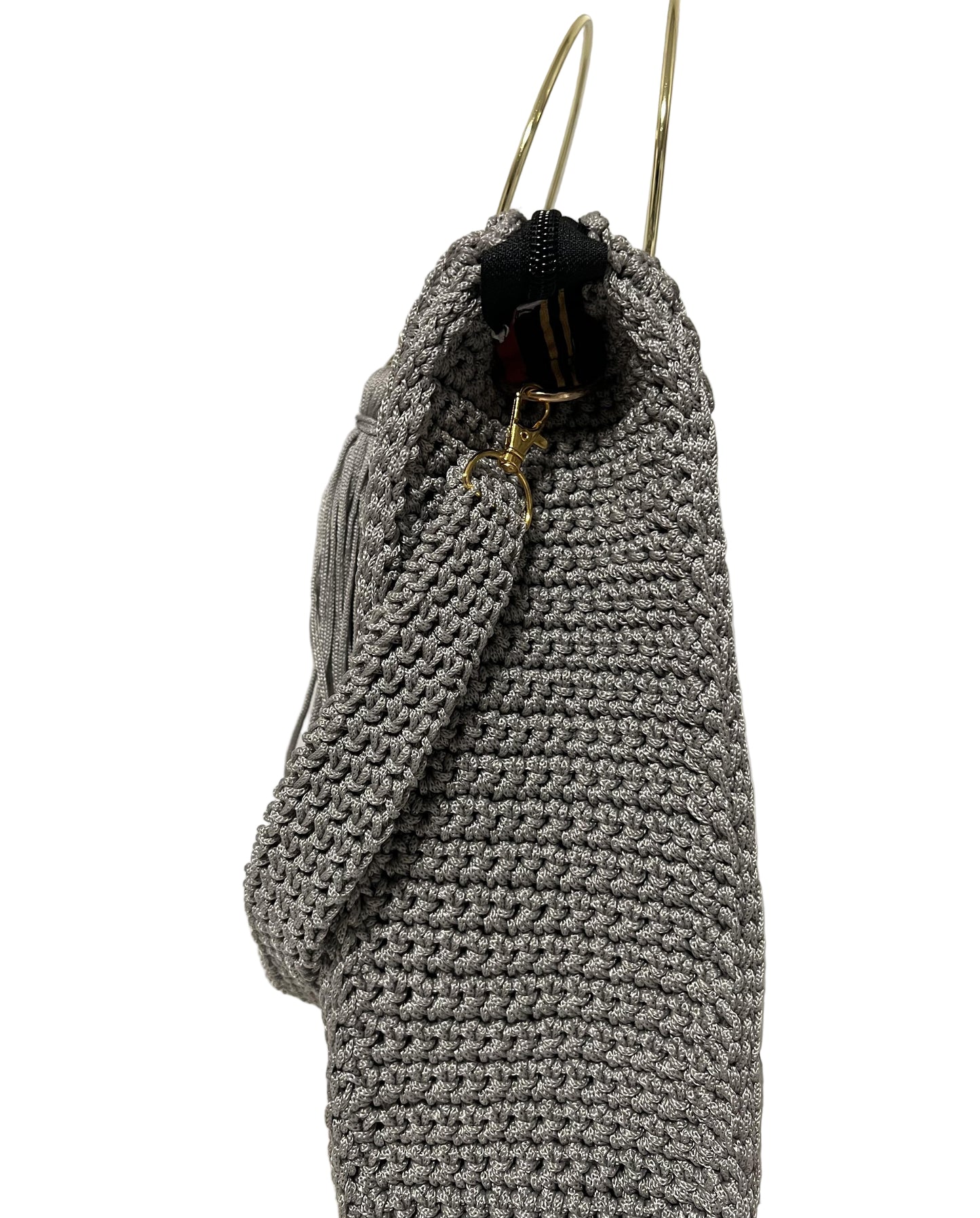 Stylish African handmade Trapezoid handbag in gray with unique crochet design and top handle
