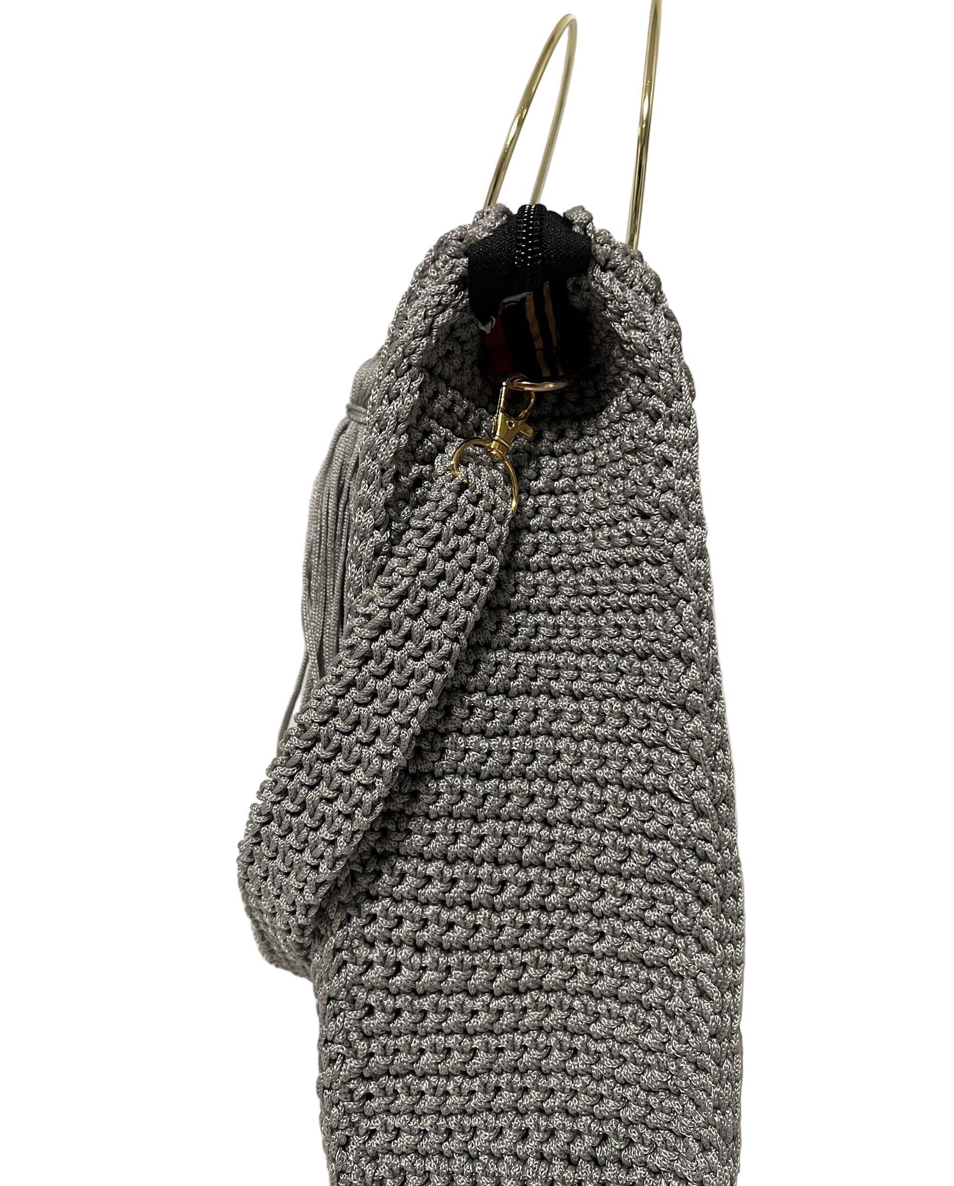 Stylish African handmade Trapezoid handbag in gray with unique crochet design and top handle
