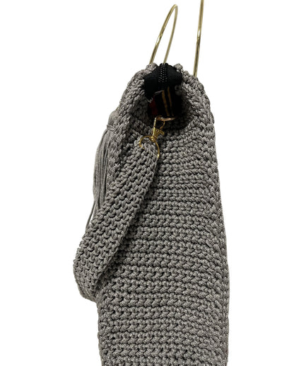 Stylish African handmade Trapezoid handbag in gray with unique crochet design and top handle