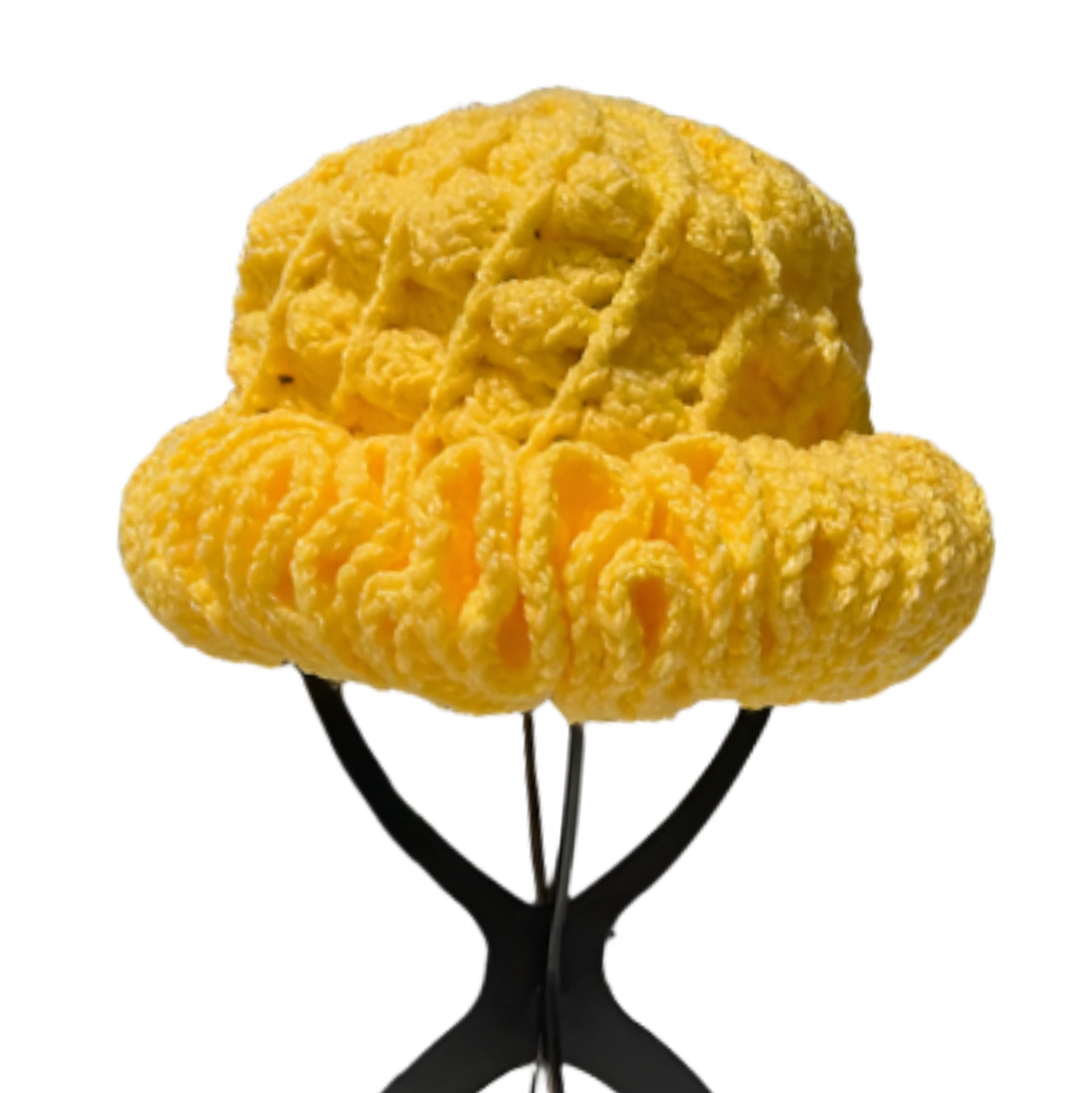 Yellow ruffle hat made by ThreadsByHannah featuring African heritage crochet accessories style