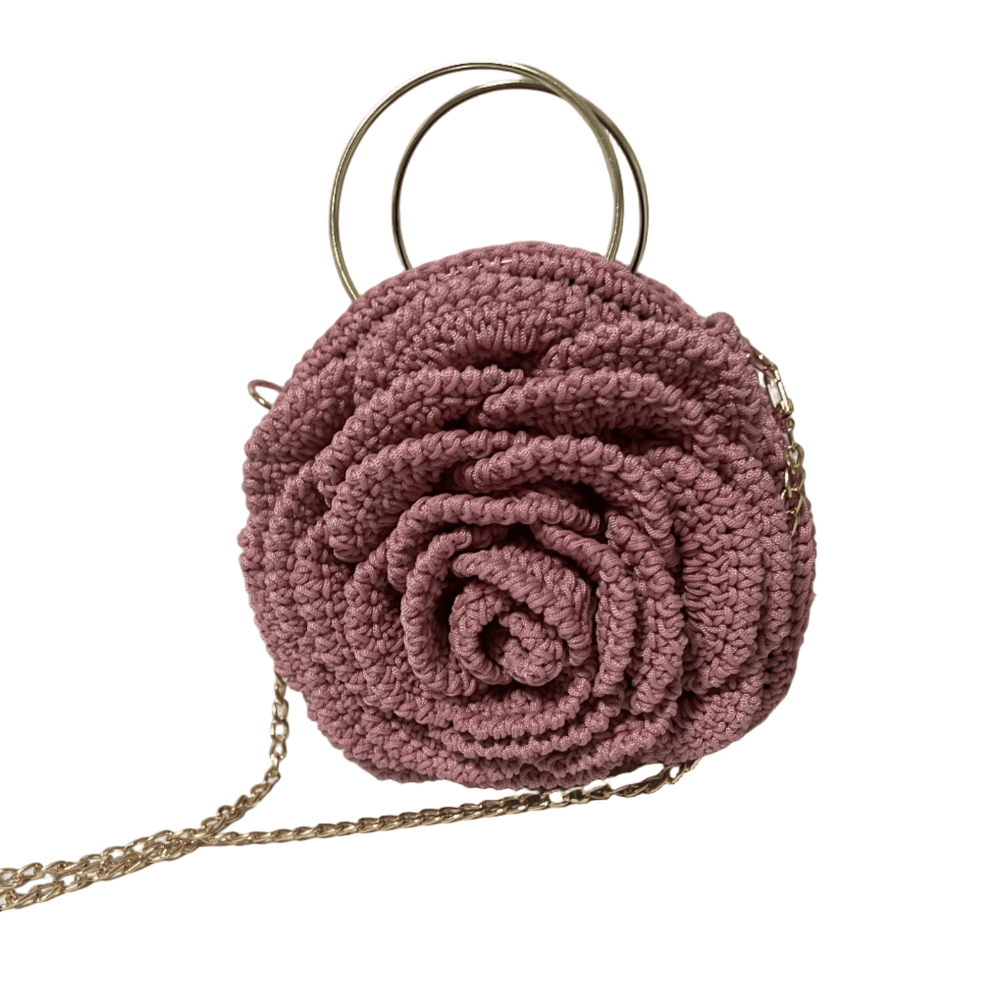 Pink African Handmade Flower Purse by ThreadsByHannah round crocheted rose clutch with gold ring handles and chain strap