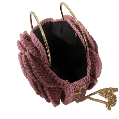 Pink African Handmade Flower Purse by ThreadsByHannah pink crocheted ruffled handbag with gold handles and chain black interior