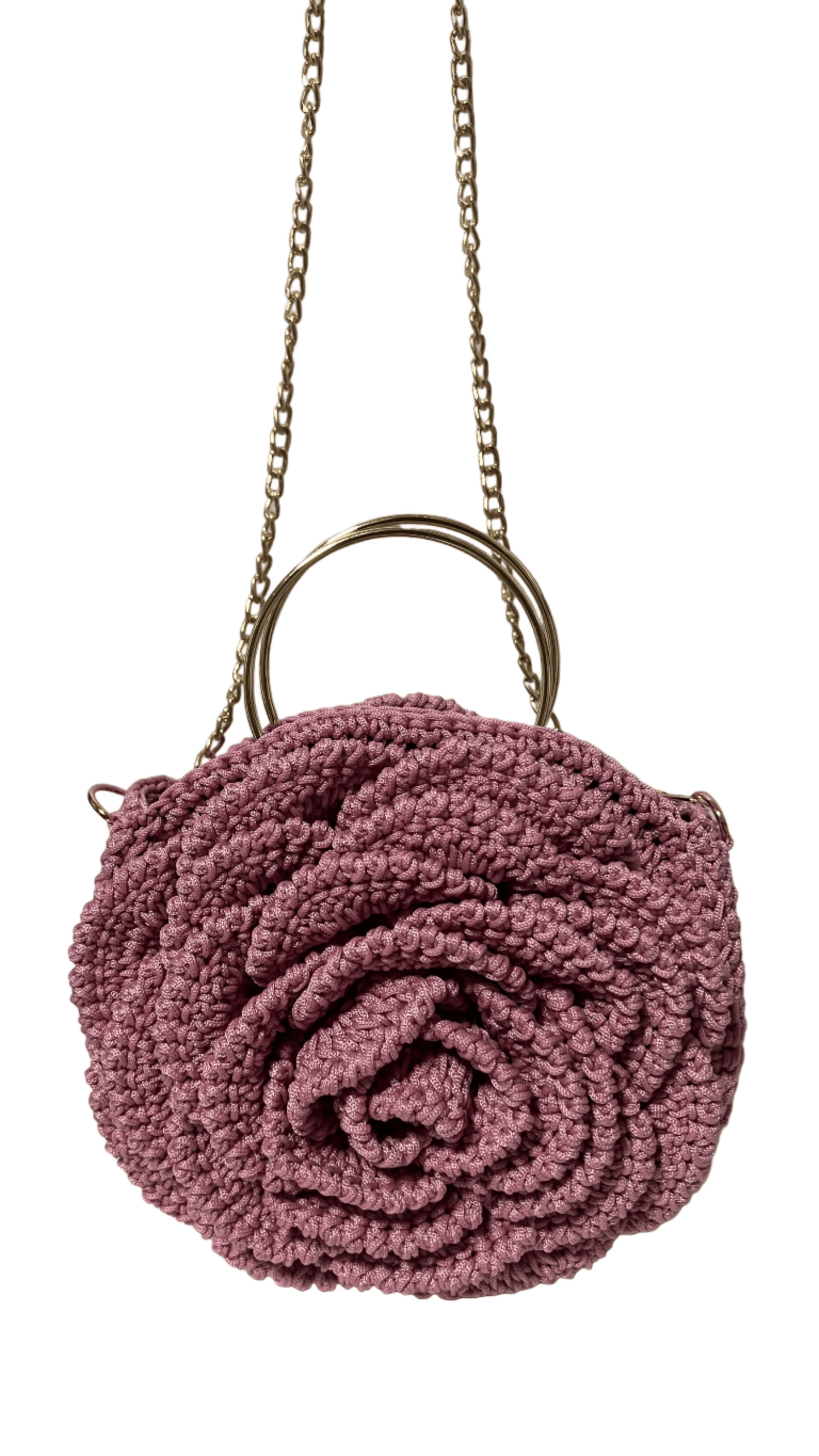Pink African Handmade Flower Purse by ThreadsByHannah knitted rose design with gold chain strap and ring handle