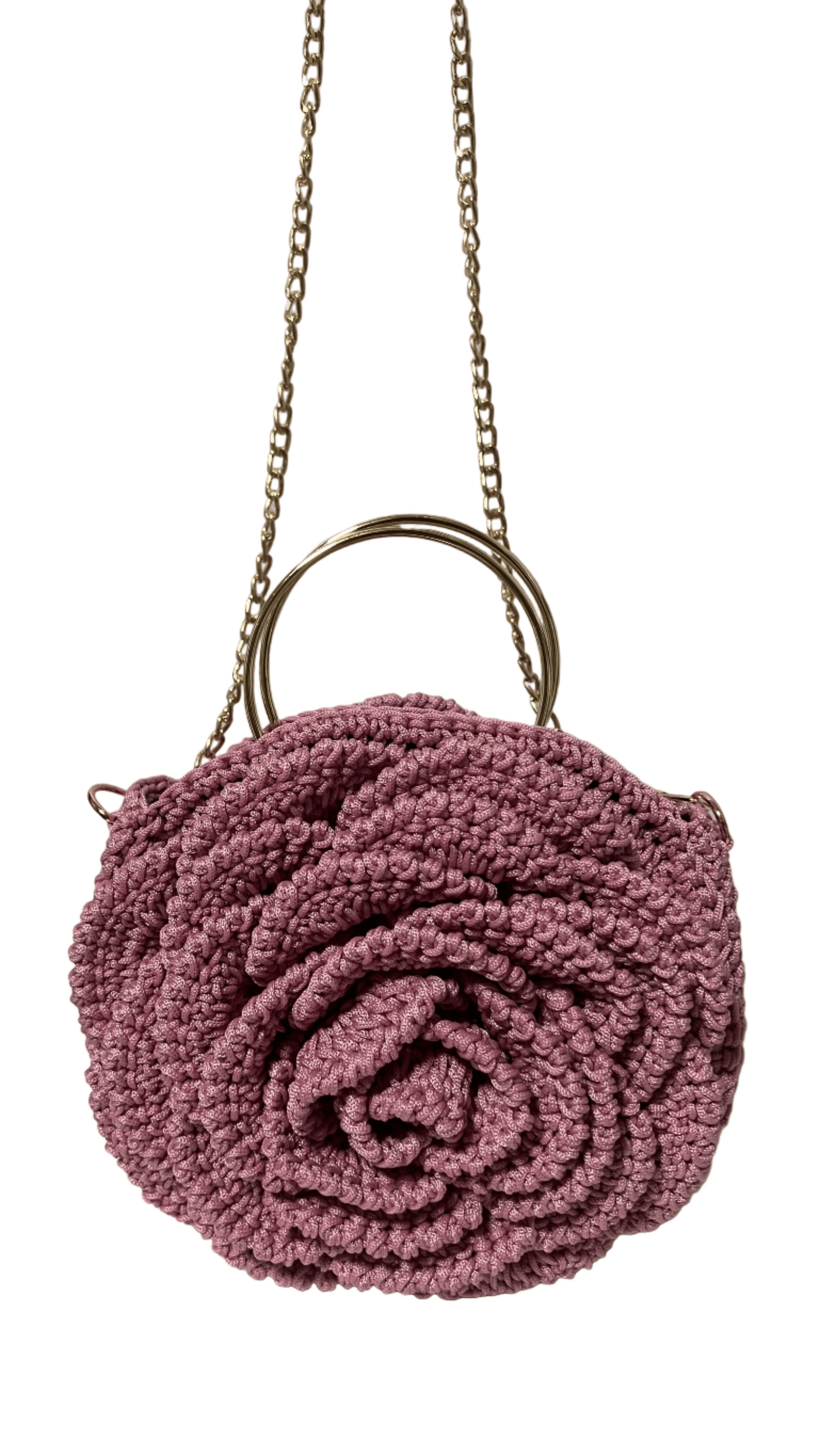 Pink African Handmade Flower Purse by ThreadsByHannah knitted rose design with gold chain strap and ring handle