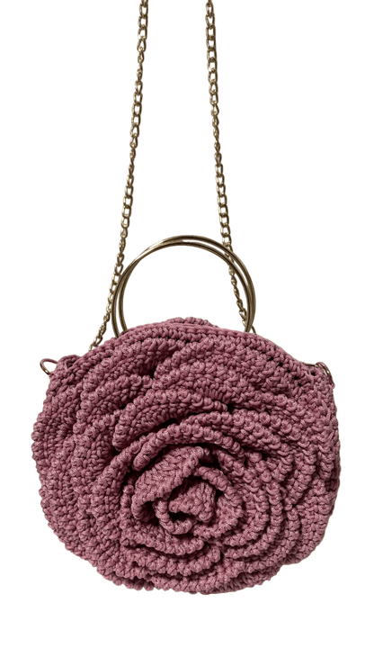 Pink African Handmade Flower Purse by ThreadsByHannah knitted rose design with gold chain strap and ring handle