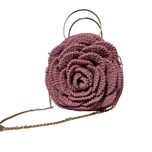 ThreadsByHannah Pink African Handmade Flower Purse round crocheted rose design with gold ring handles and chain strap