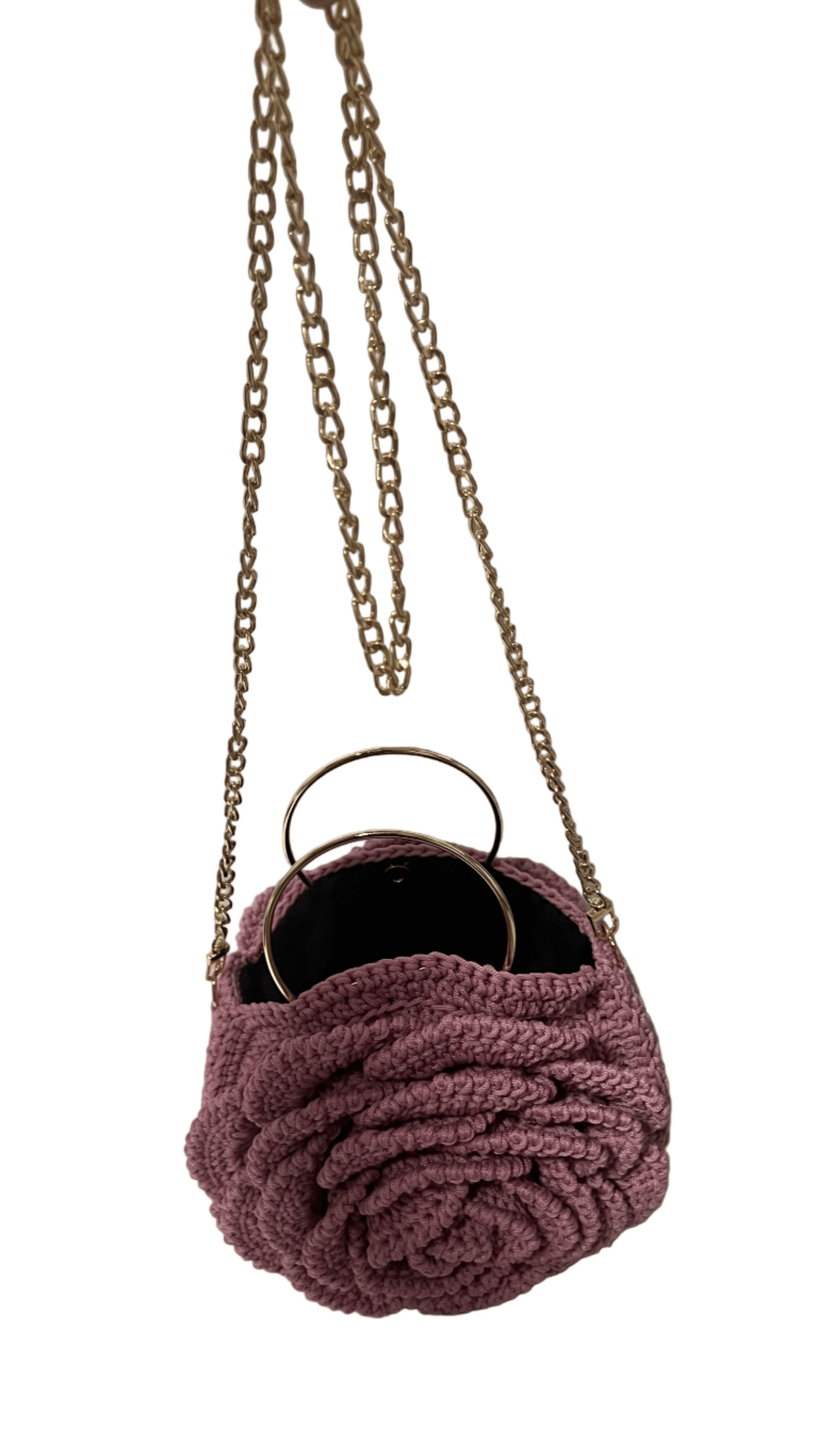 Pink African Handmade Flower Purse by ThreadsByHannah crocheted rose handbag with gold chain strap and ring handles