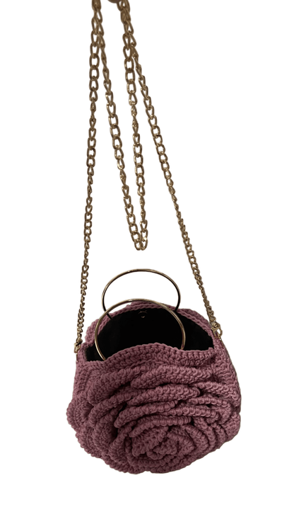 Pink African Handmade Flower Purse by ThreadsByHannah crocheted rose handbag with gold chain strap and ring handles