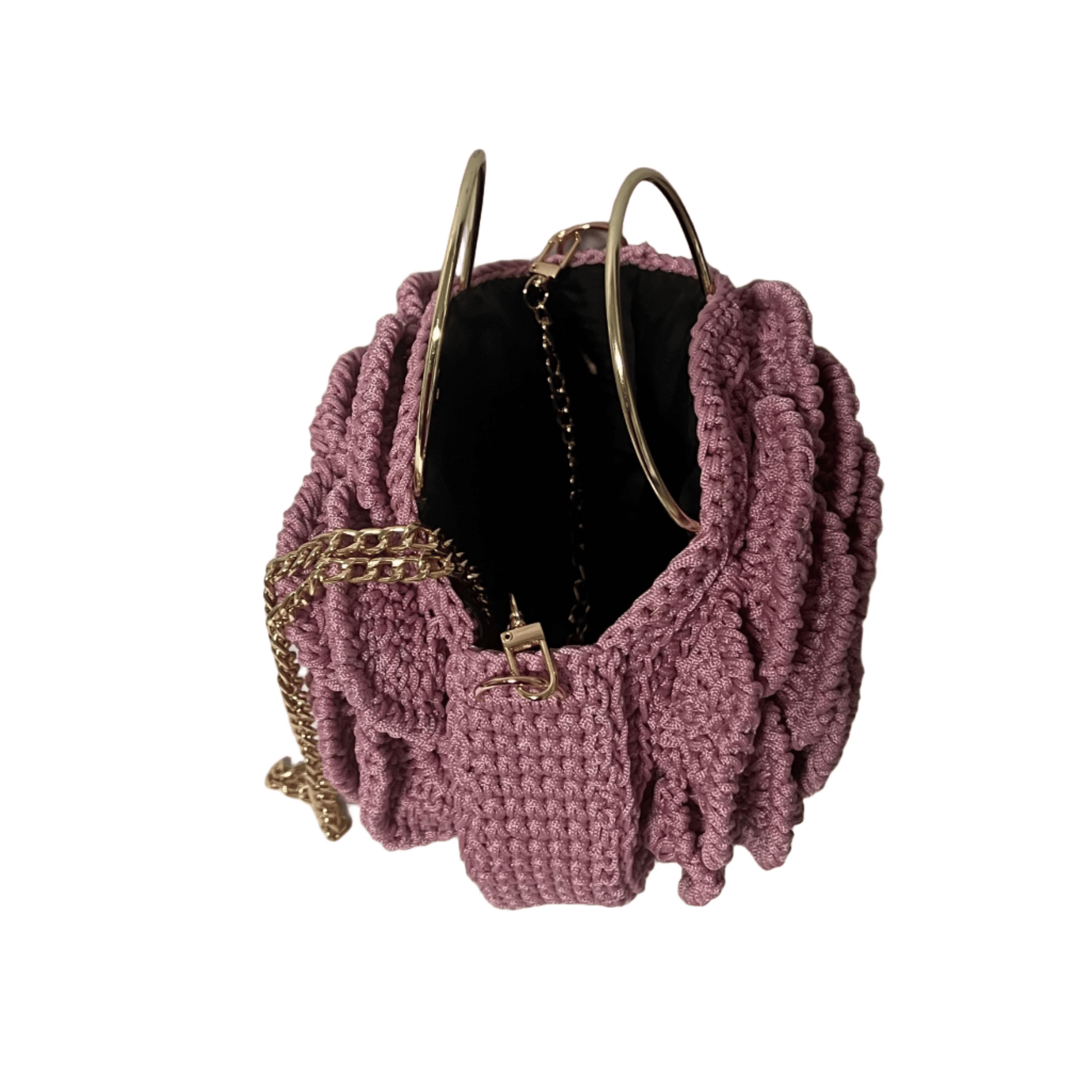 Pink African Handmade Flower Purse by ThreadsByHannah crocheted pink floral handbag with gold chain handles and black lining