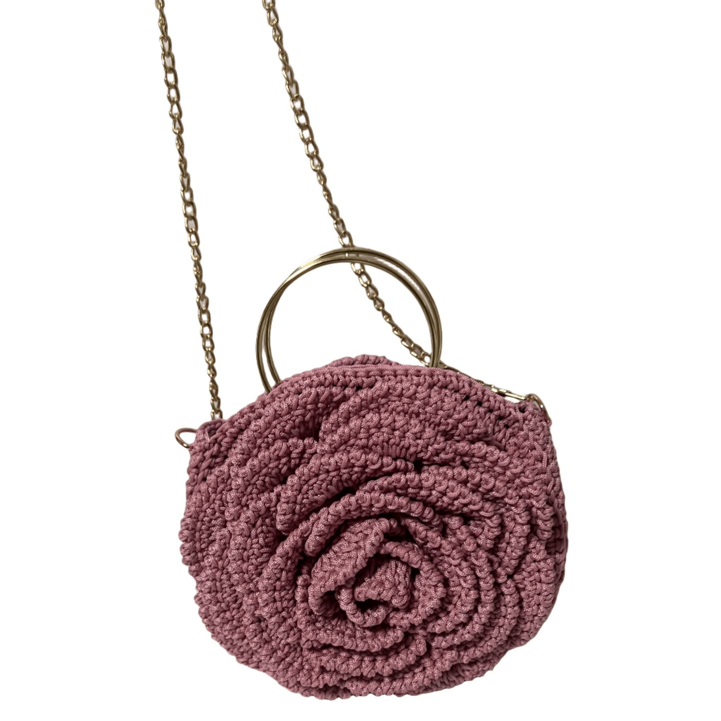 Pink African Handmade Flower Purse by ThreadsByHannah round crocheted rose shoulder bag with gold chain and ring handle