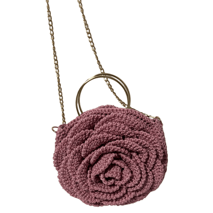 Pink African Handmade Flower Purse by ThreadsByHannah round crocheted rose shoulder bag with gold chain and ring handle