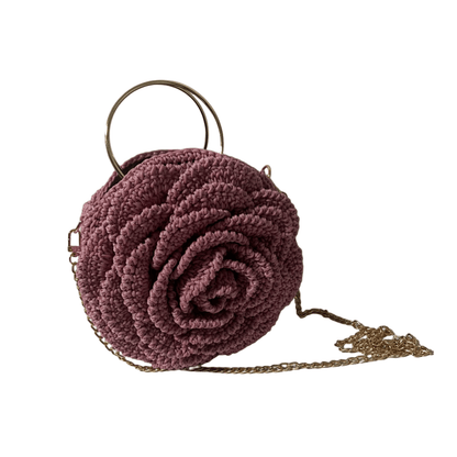 Pink African Handmade Flower Purse by ThreadsByHannah round crochet rose clutch with gold ring handle and chain strap
