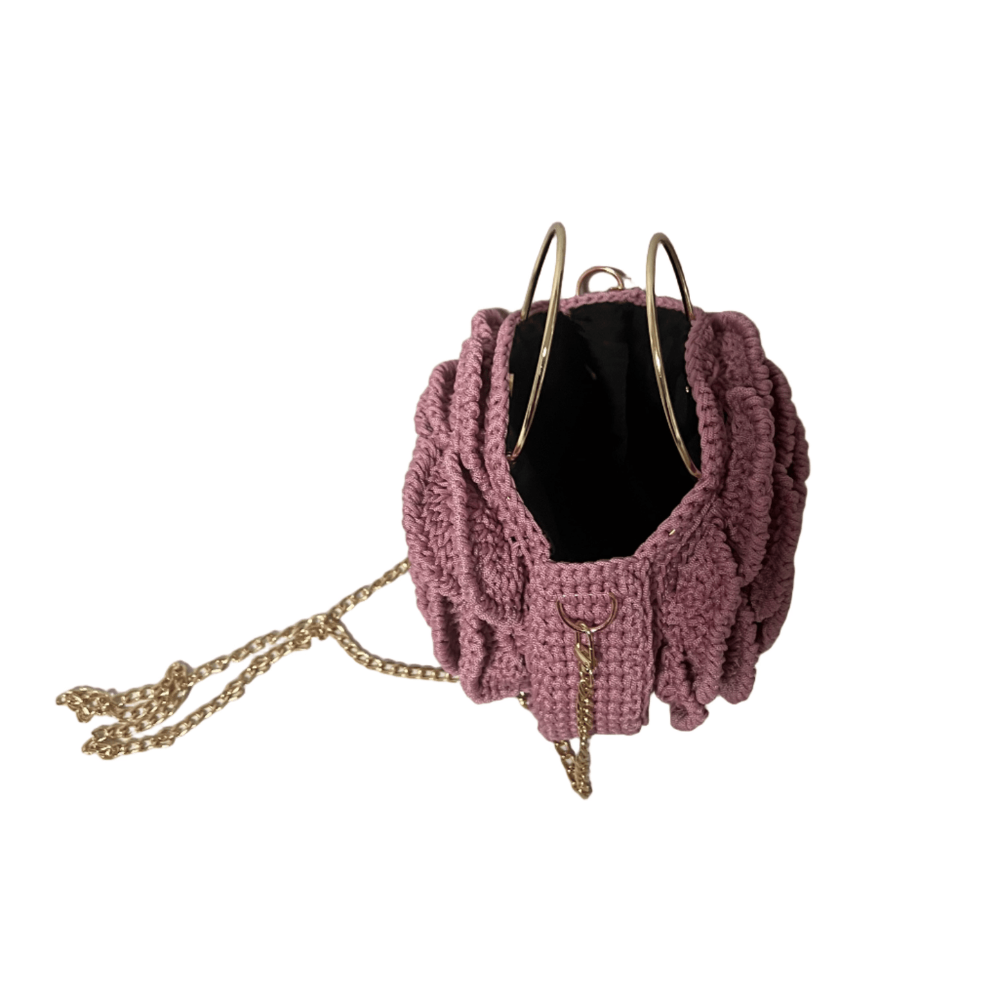 Pink African Handmade Flower Purse by ThreadsByHannah crocheted floral handbag with gold chain strap and hoop handles
