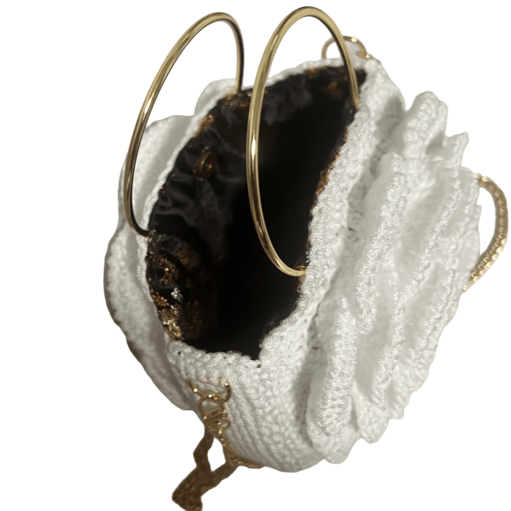 ThreadsByHannah White African Handmade Crochet Flower Purse with gold ring handles and dark patterned fabric lining