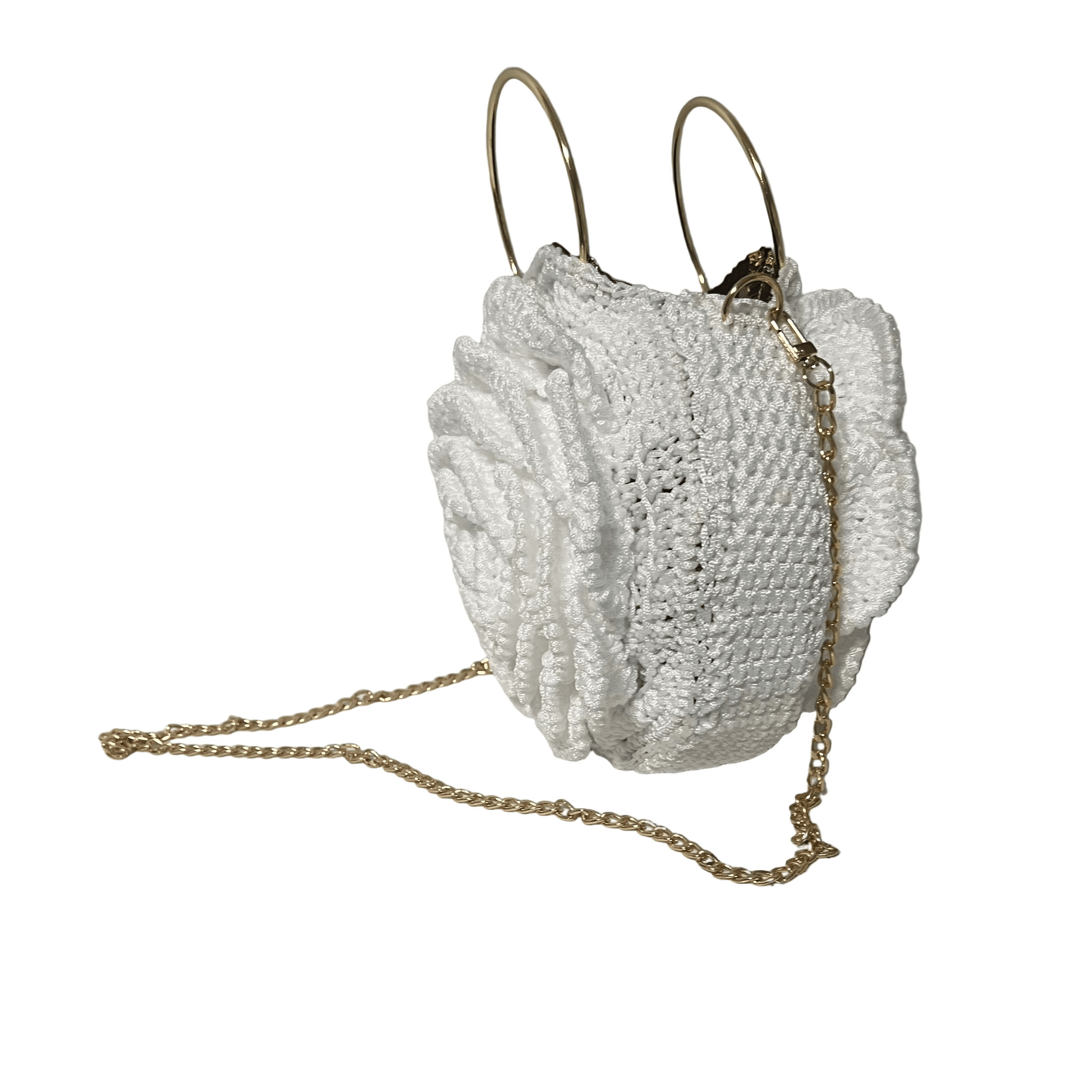 White African Handmade Crochet Flower Purse by ThreadsByHannah round floral crochet handbag with gold chain and hoop handles