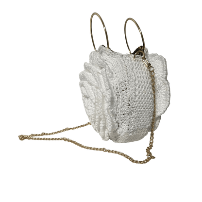 White African Handmade Crochet Flower Purse by ThreadsByHannah round floral crochet handbag with gold chain and hoop handles