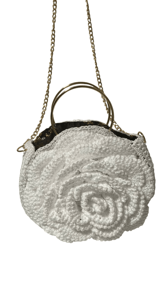 White African Handmade Crochet Flower Purse by ThreadsByHannah round crocheted flower bag with gold chain strap