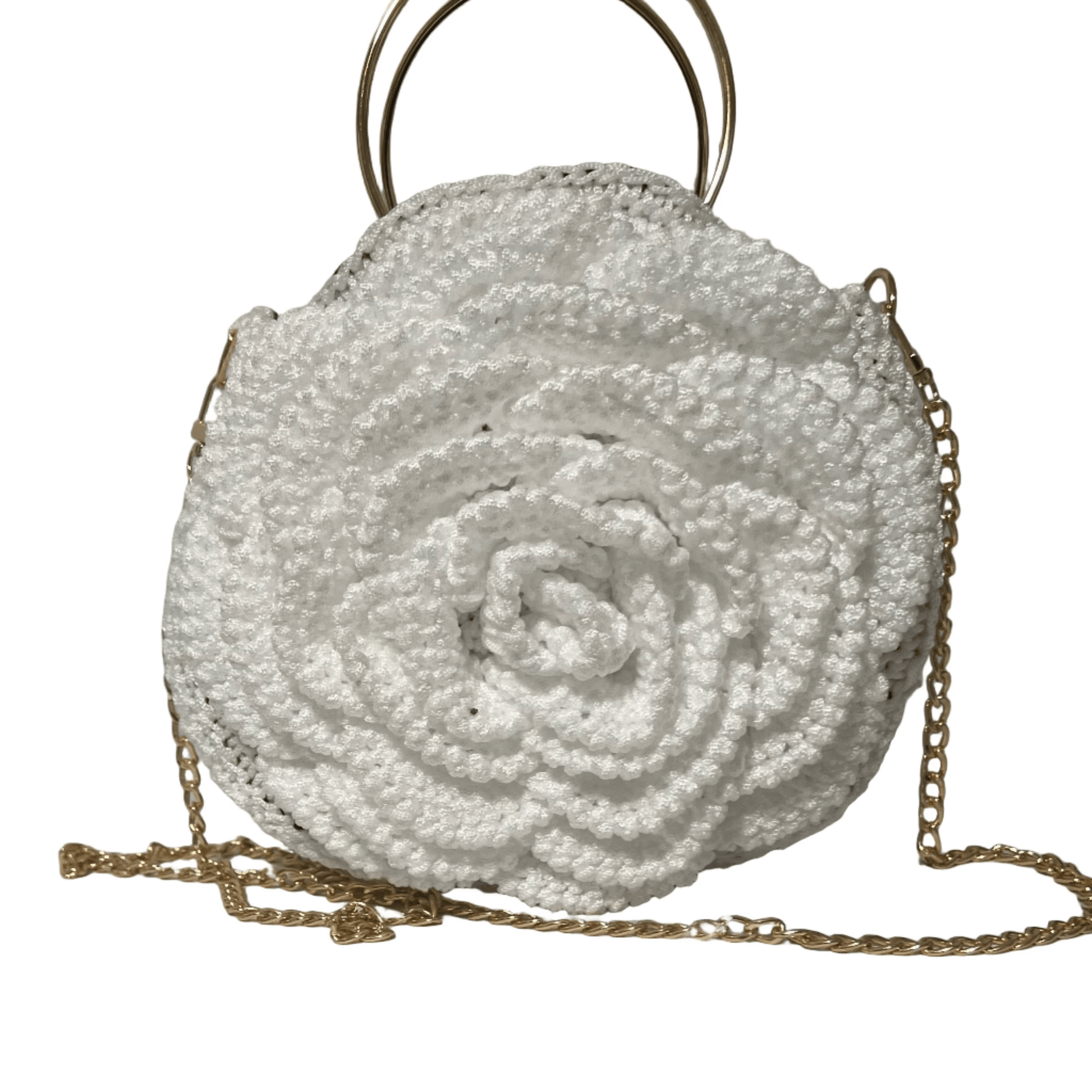White African Handmade Crochet Flower Purse round white crochet handbag with gold chain and ring handles by ThreadsByHannah
