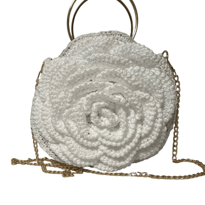 White African Handmade Crochet Flower Purse round white crochet handbag with gold chain and ring handles by ThreadsByHannah