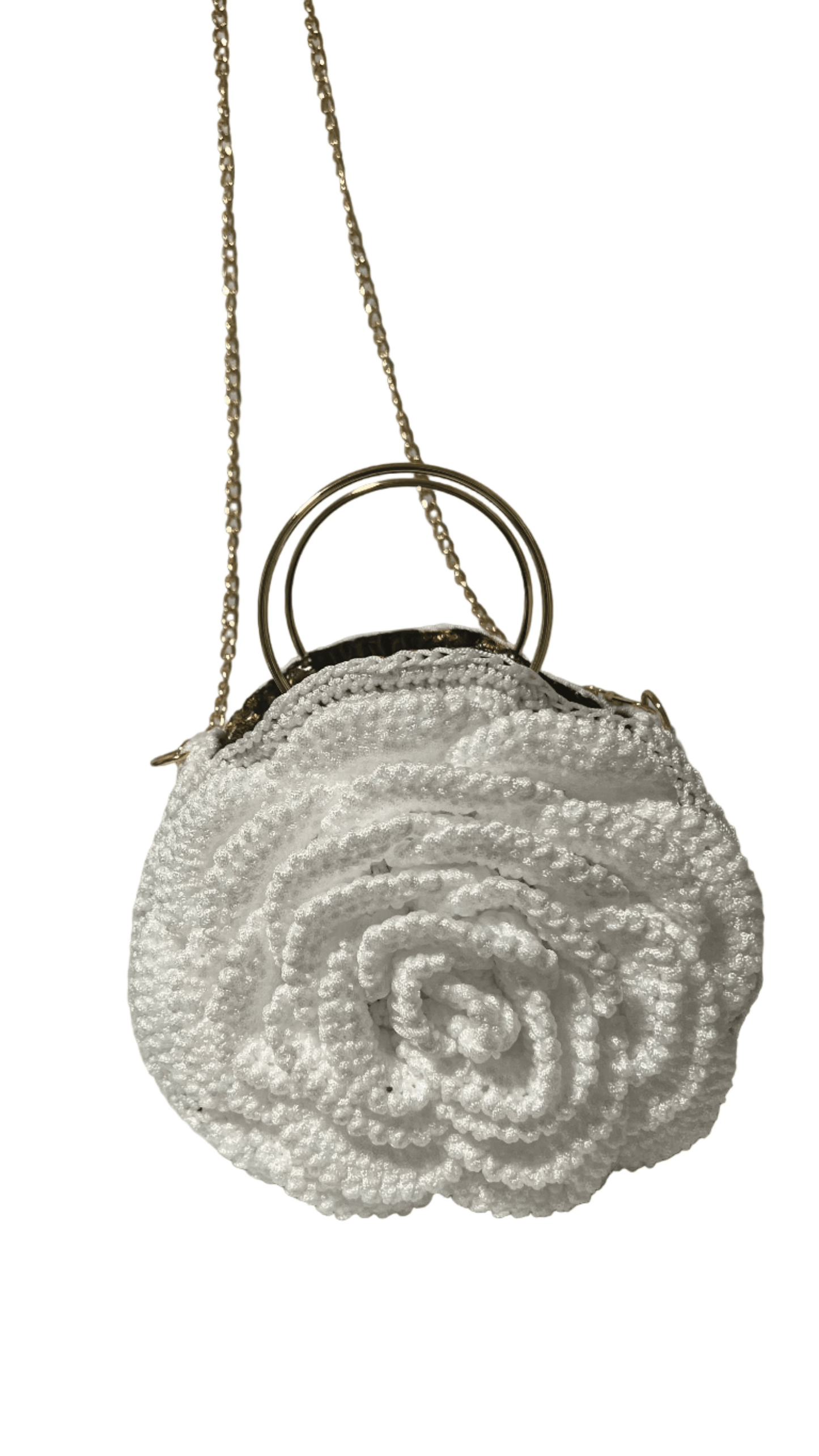 White African Handmade Crochet Flower Purse by ThreadsByHannah round crocheted floral evening bag with gold chain and ring handles