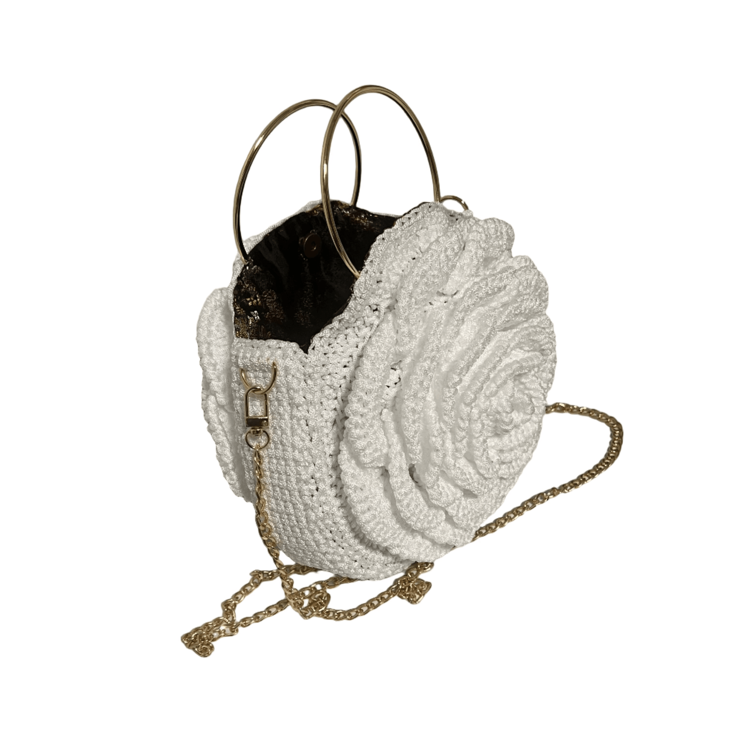 White African Handmade Crochet Flower Purse by ThreadsByHannah with gold chain and hoop handles round rose crochet design