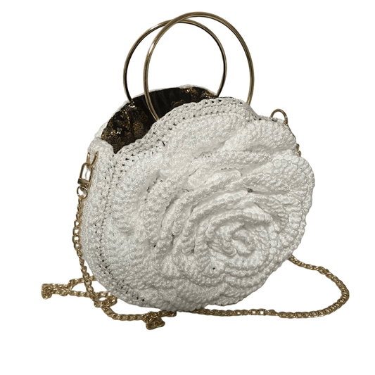 White African Handmade Crochet Flower Purse by ThreadsByHannah round crocheted handbag with gold chain and ring handles