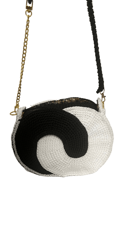 African Handmade Crochet Purse black and white yin yang round crossbody with gold chain and braided strap by ThreadsByHannah