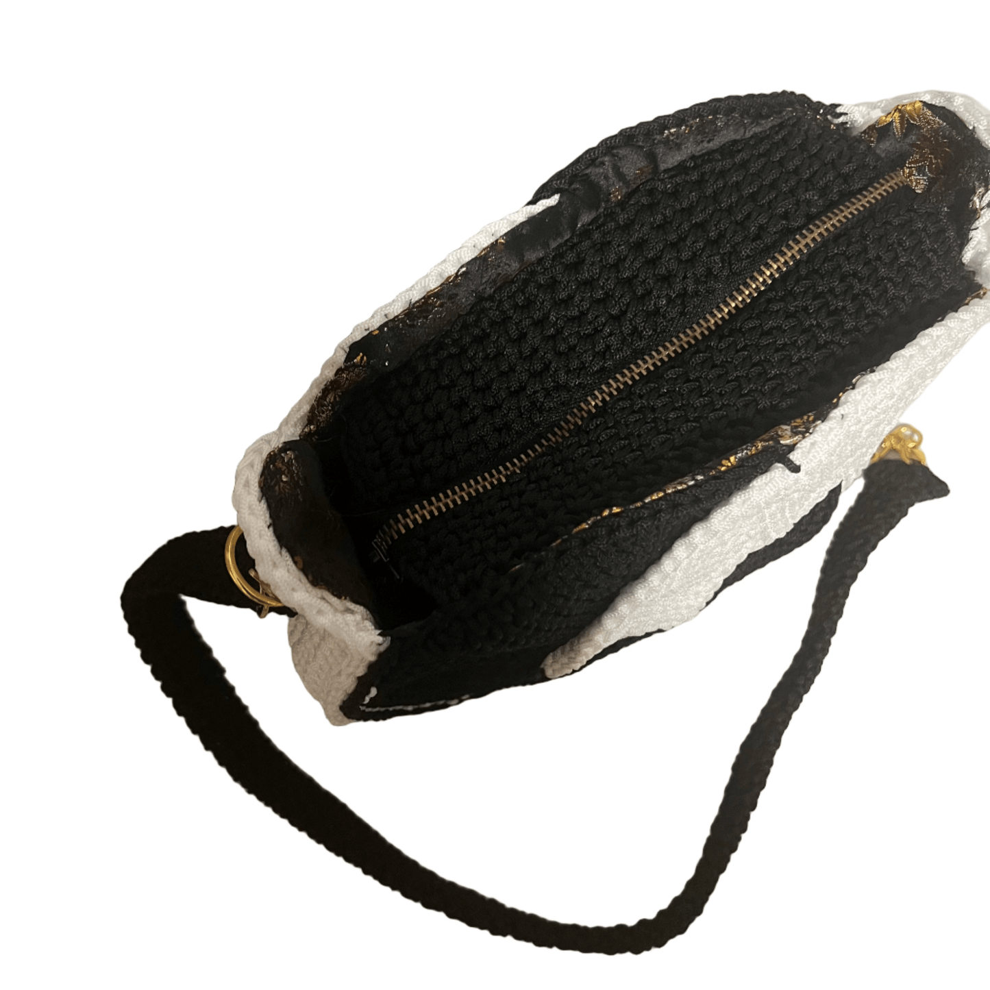 African Handmade Crochet Purse by ThreadsByHannah white exterior black interior gold zipper and adjustable black strap