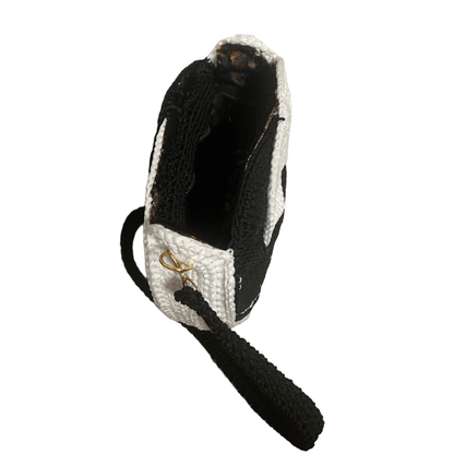 African Handmade Crochet Purse black and white wristlet with gold clasp open interior by ThreadsByHannah