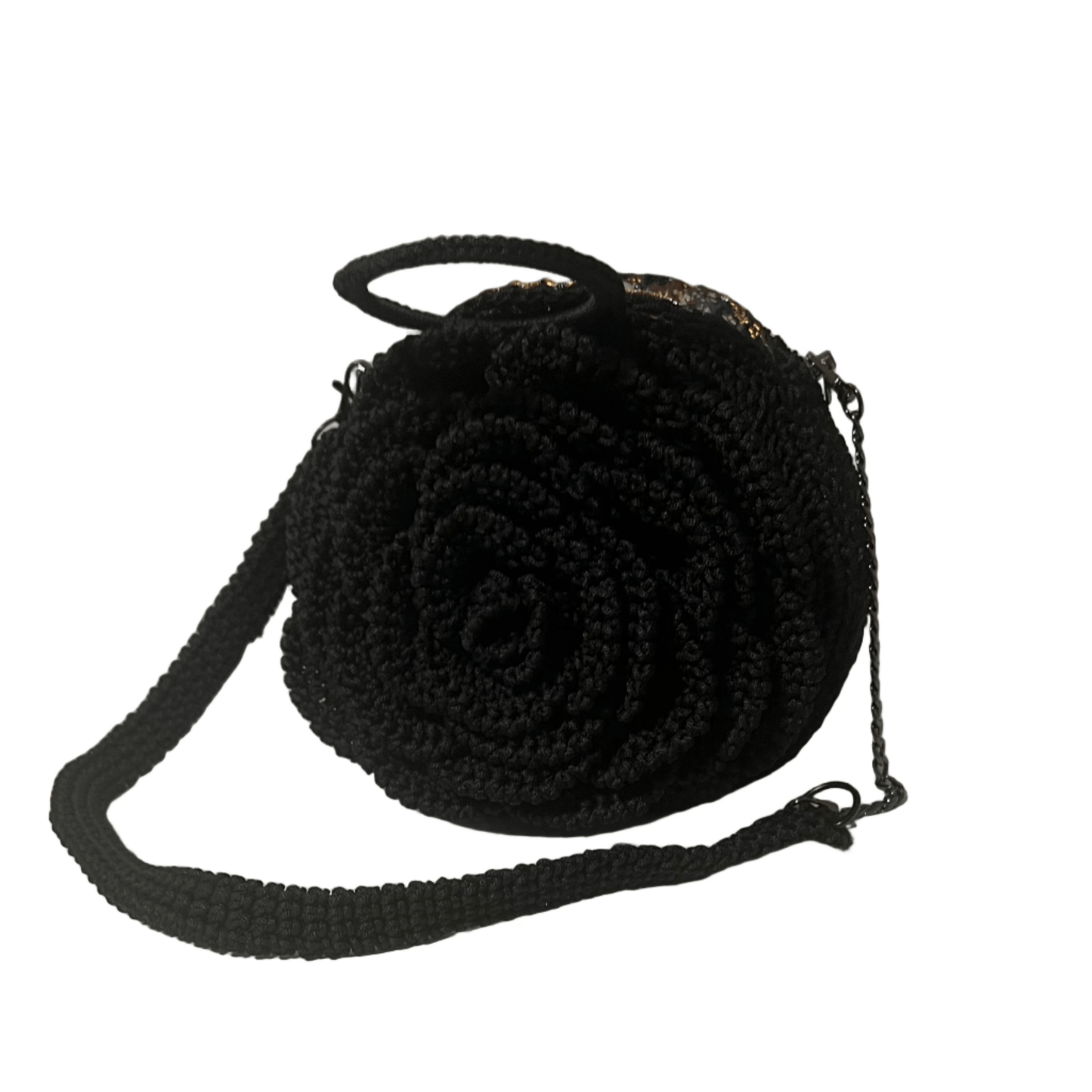 Black African Handmade Flower Purse by ThreadsByHannah round crocheted black shoulder bag with rose motif