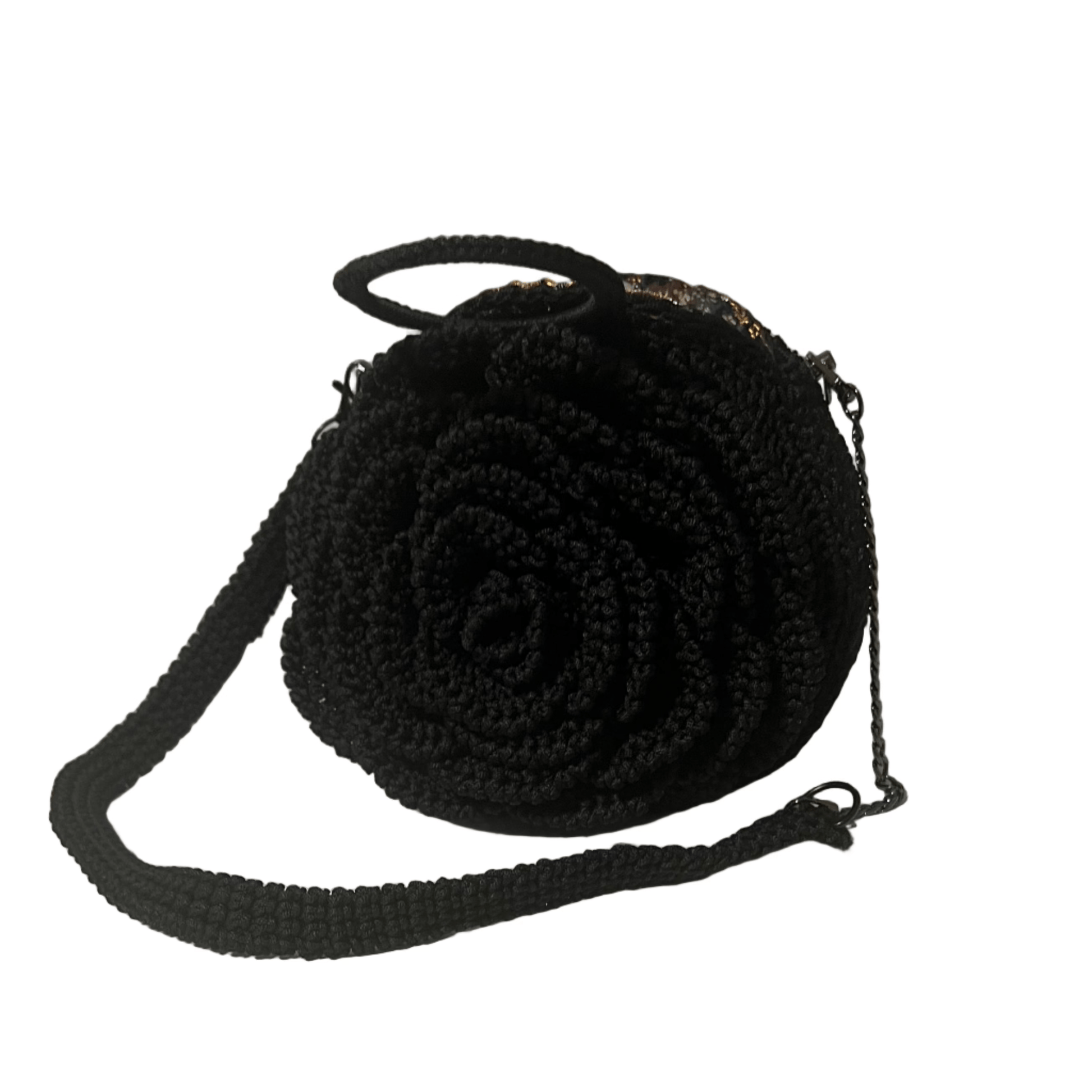 Black African Handmade Flower Purse by ThreadsByHannah round crocheted black shoulder bag with rose motif