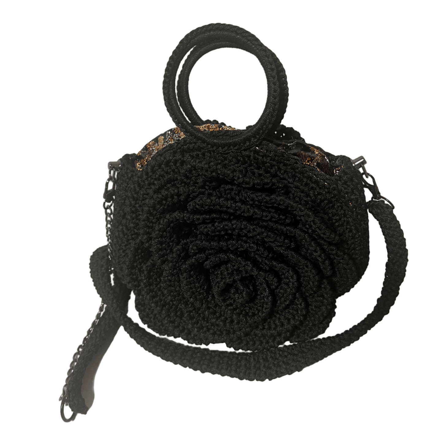 ThreadsByHannah Black African Handmade Flower Purse round crocheted handbag with rosette front and removable strap