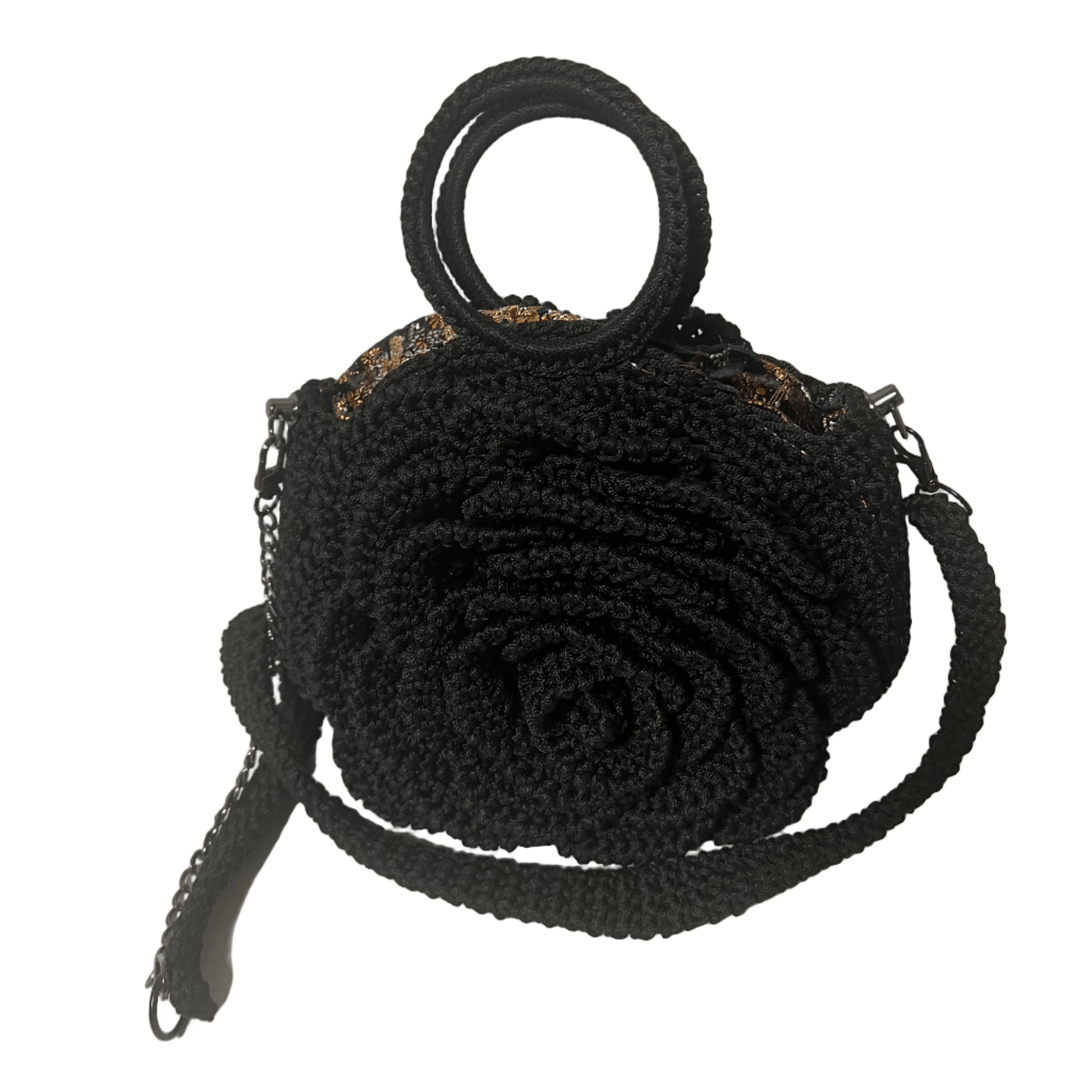 ThreadsByHannah Black African Handmade Flower Purse round crocheted handbag with rosette front and removable strap