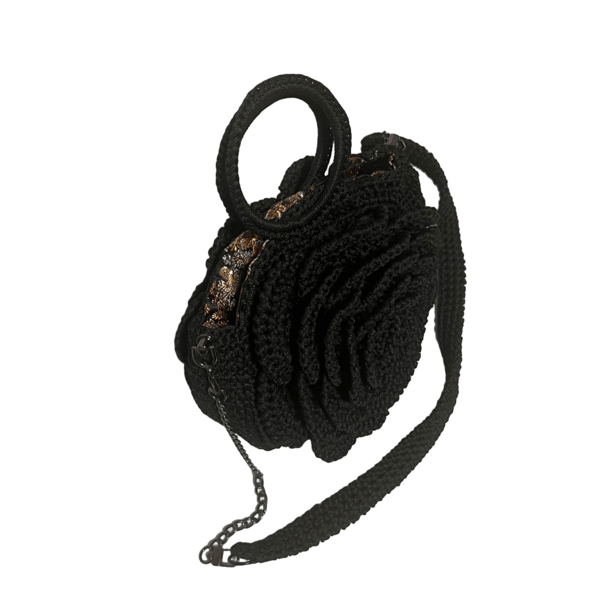 Black African Handmade Flower Purse by ThreadsByHannah black crochet rose bag with round handle and chain strap