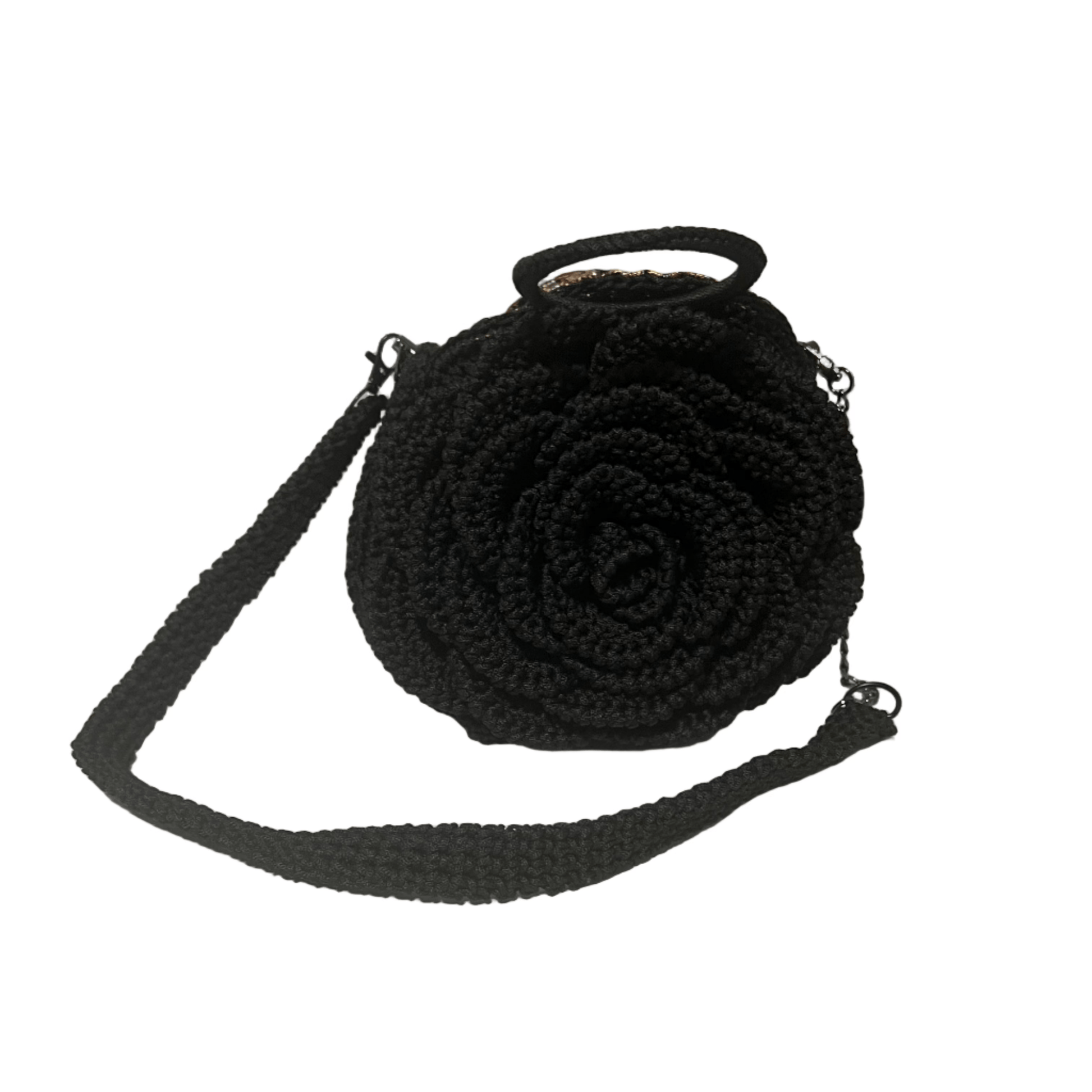 Black African Handmade Flower Purse ThreadsByHannah round crochet flower handbag with top handle and detachable shoulder strap