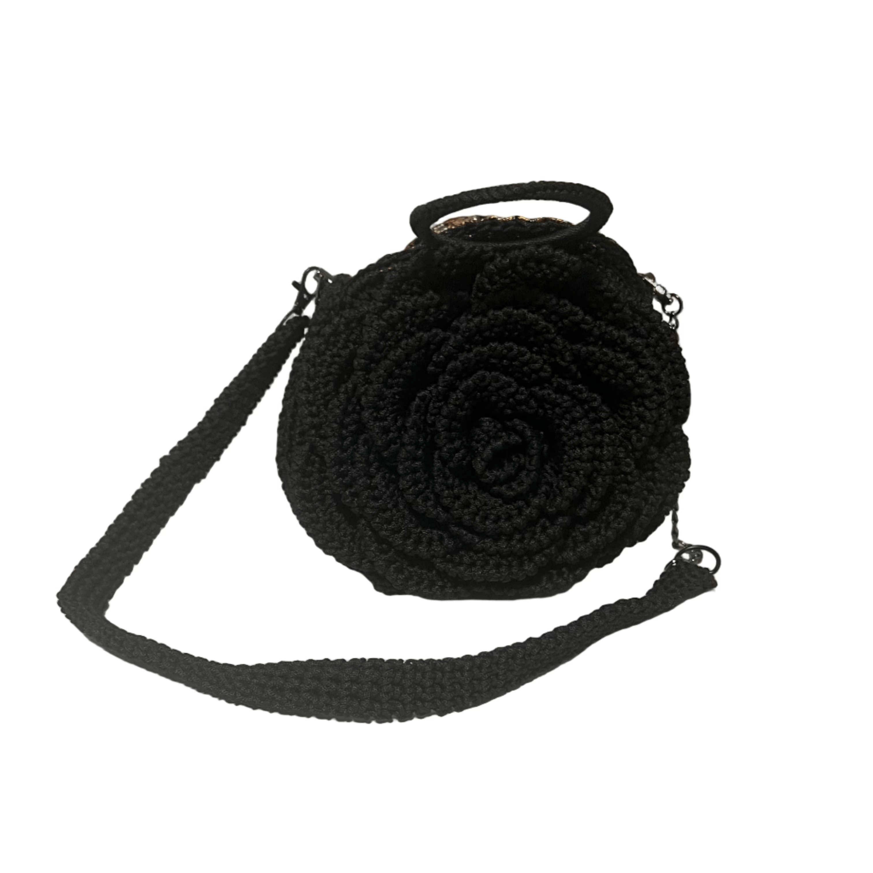 Black African Handmade Flower Purse ThreadsByHannah round crochet flower handbag with top handle and detachable shoulder strap