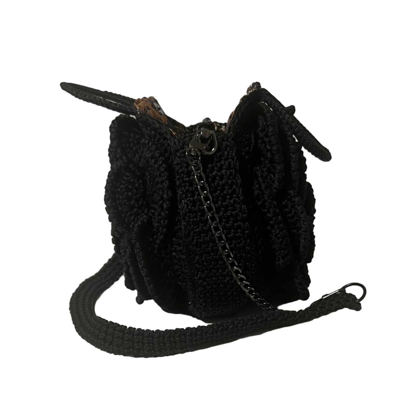 Black African Handmade Flower Purse by ThreadsByHannah crocheted crossbody bag with floral texture and chain strap