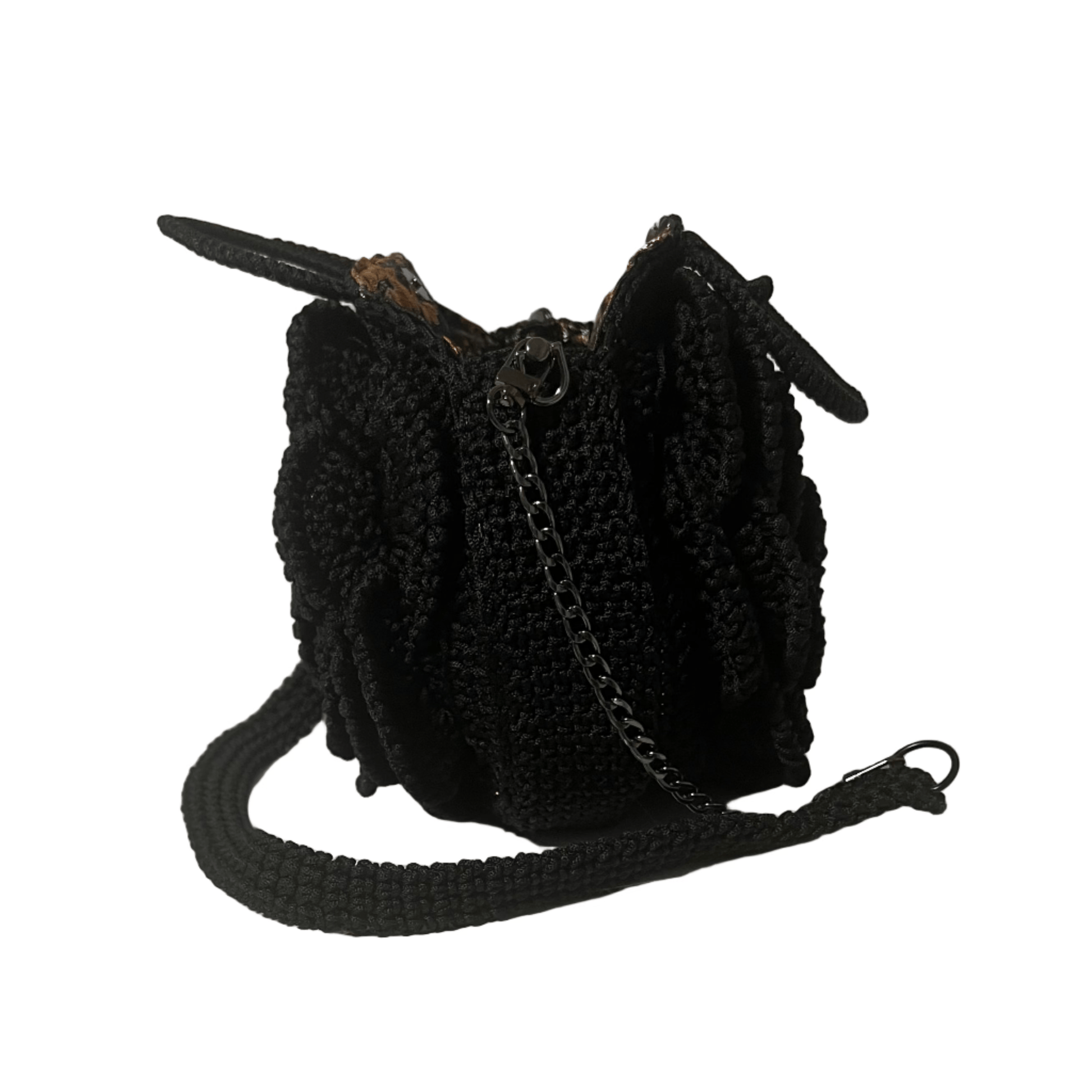 Black African Handmade Flower Purse by ThreadsByHannah crocheted crossbody bag with floral texture and chain strap