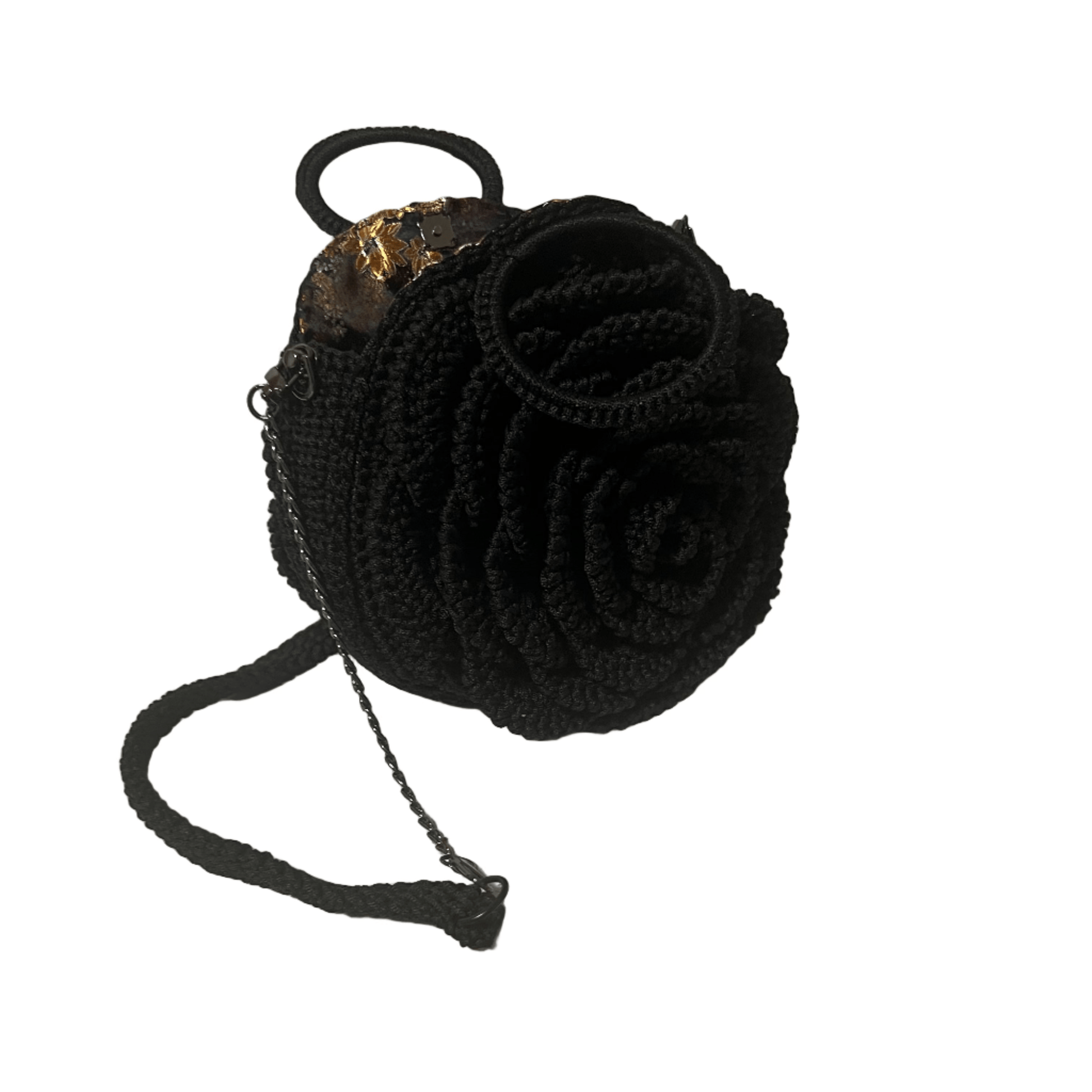 Black African Handmade Flower Purse round crocheted black floral handbag with top loop and chain strap