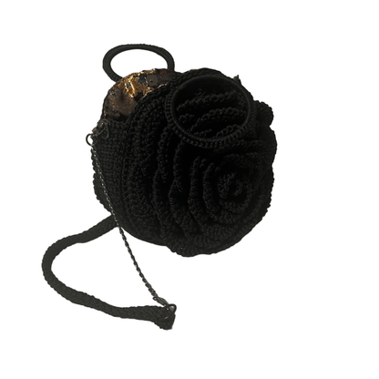Black African Handmade Flower Purse round crocheted black floral handbag with top loop and chain strap