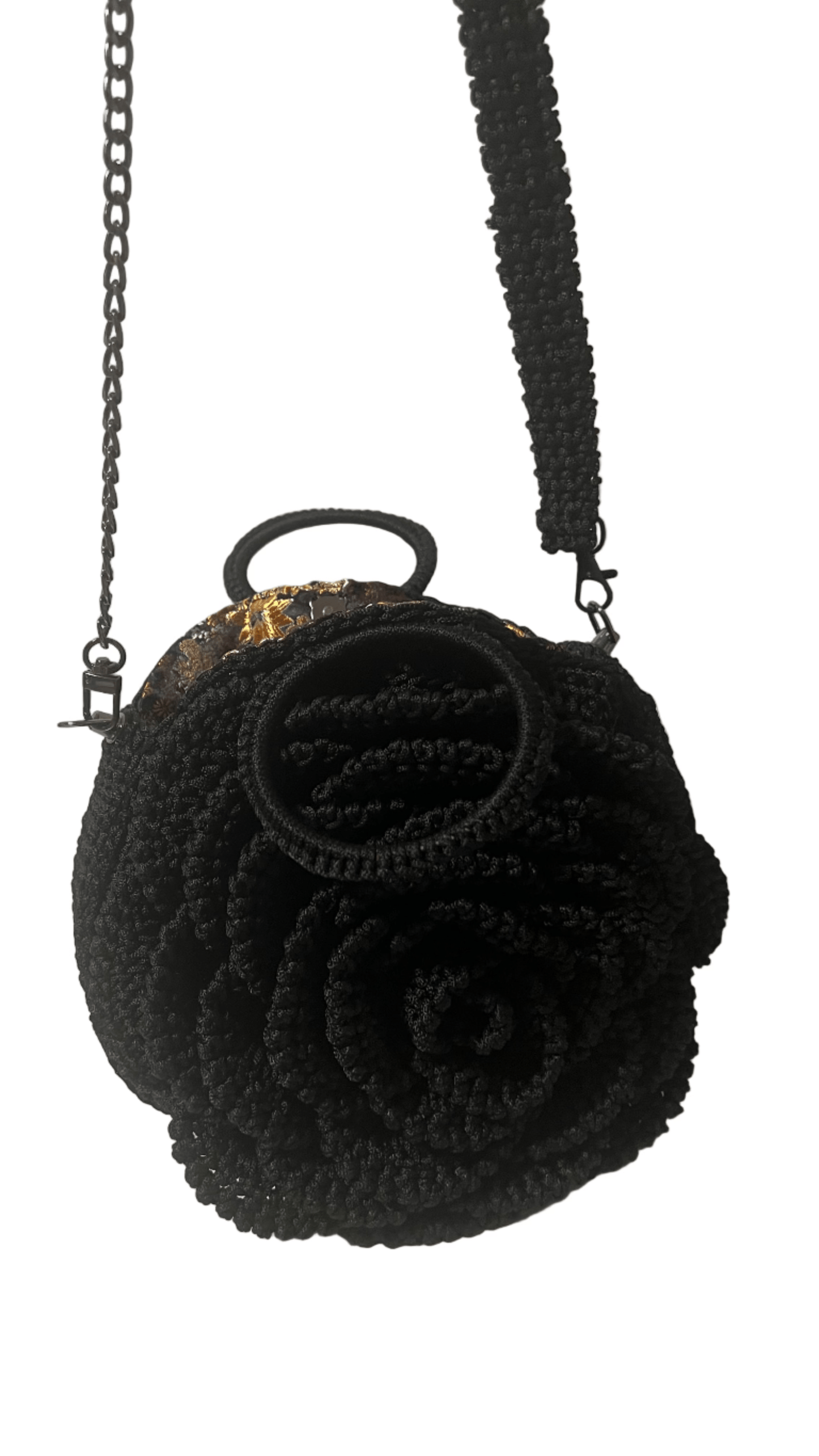 ThreadsByHannah Black African Handmade Flower Purse round crocheted black shoulder bag with chain strap and top handle