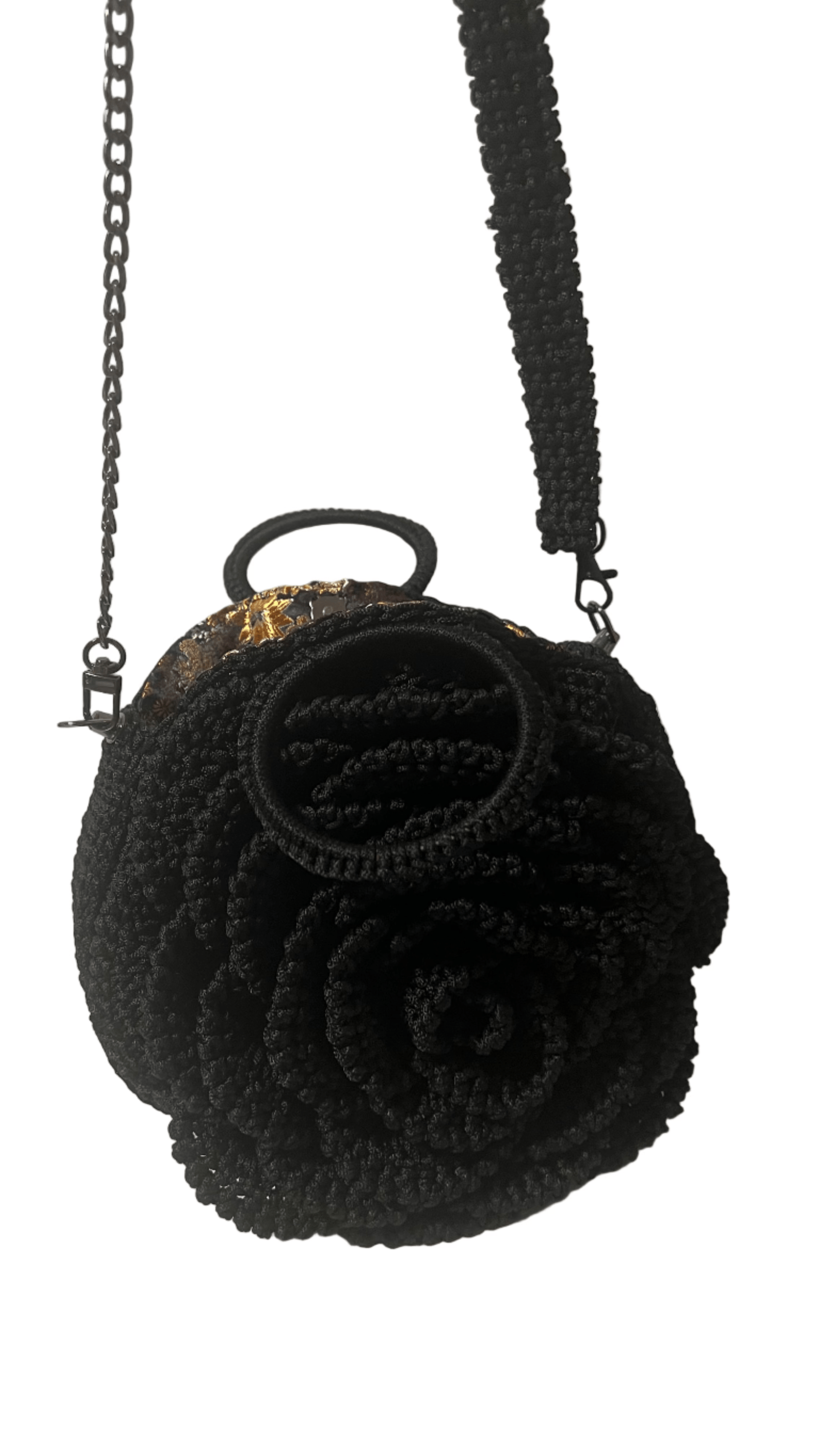 ThreadsByHannah Black African Handmade Flower Purse round crocheted black shoulder bag with chain strap and top handle