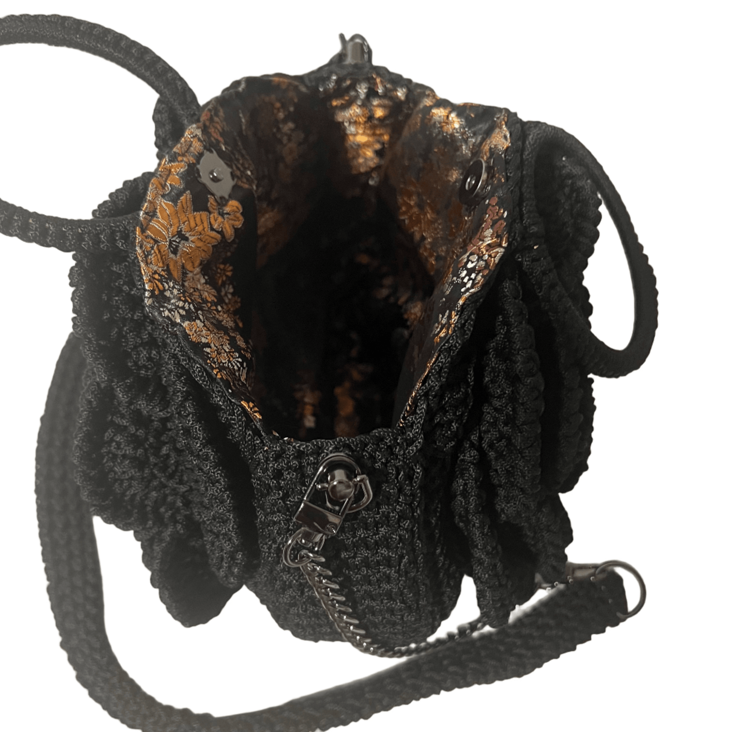 ThreadsByHannah Black African Handmade Flower Purse crocheted black petal handbag with gold brocade lining and shoulder strap