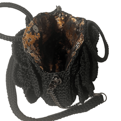 ThreadsByHannah Black African Handmade Flower Purse crocheted black petal handbag with gold brocade lining and shoulder strap