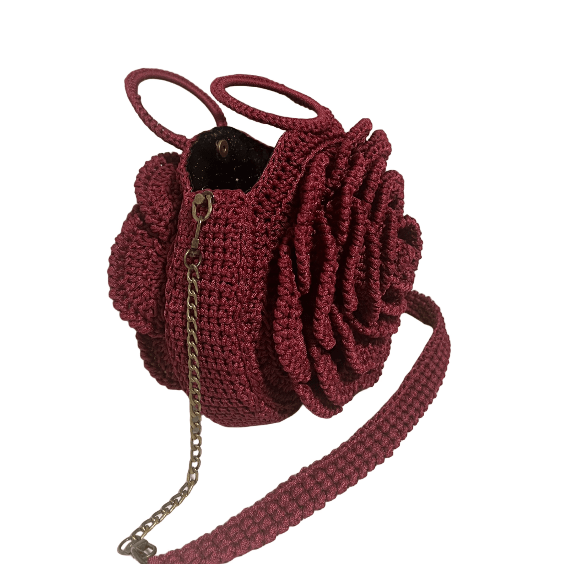 Red African Handmade Crochet Flower Purse by ThreadsByHannah with braided strap brass chain and snap closure