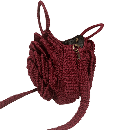 Red African Handmade Crochet Flower Purse by ThreadsByHannah burgundy round crocheted handbag with large flower and long strap